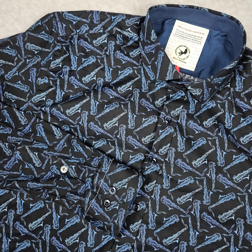 A Fish Named Fred Mens Medium Blue Jazz Saxophone Print Long Sleeve Button Shirt